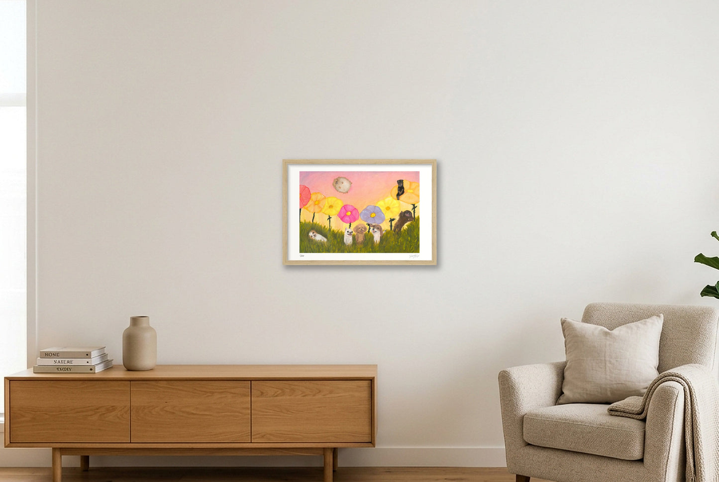 Every dog smiles as you drift by the flowers  — 45×30cm, 18×12" Oak Frame
