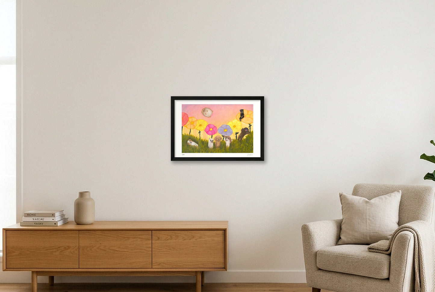 Every dog smiles as you drift by the flowers  — 45×30cm, 18×12" Black Frame
