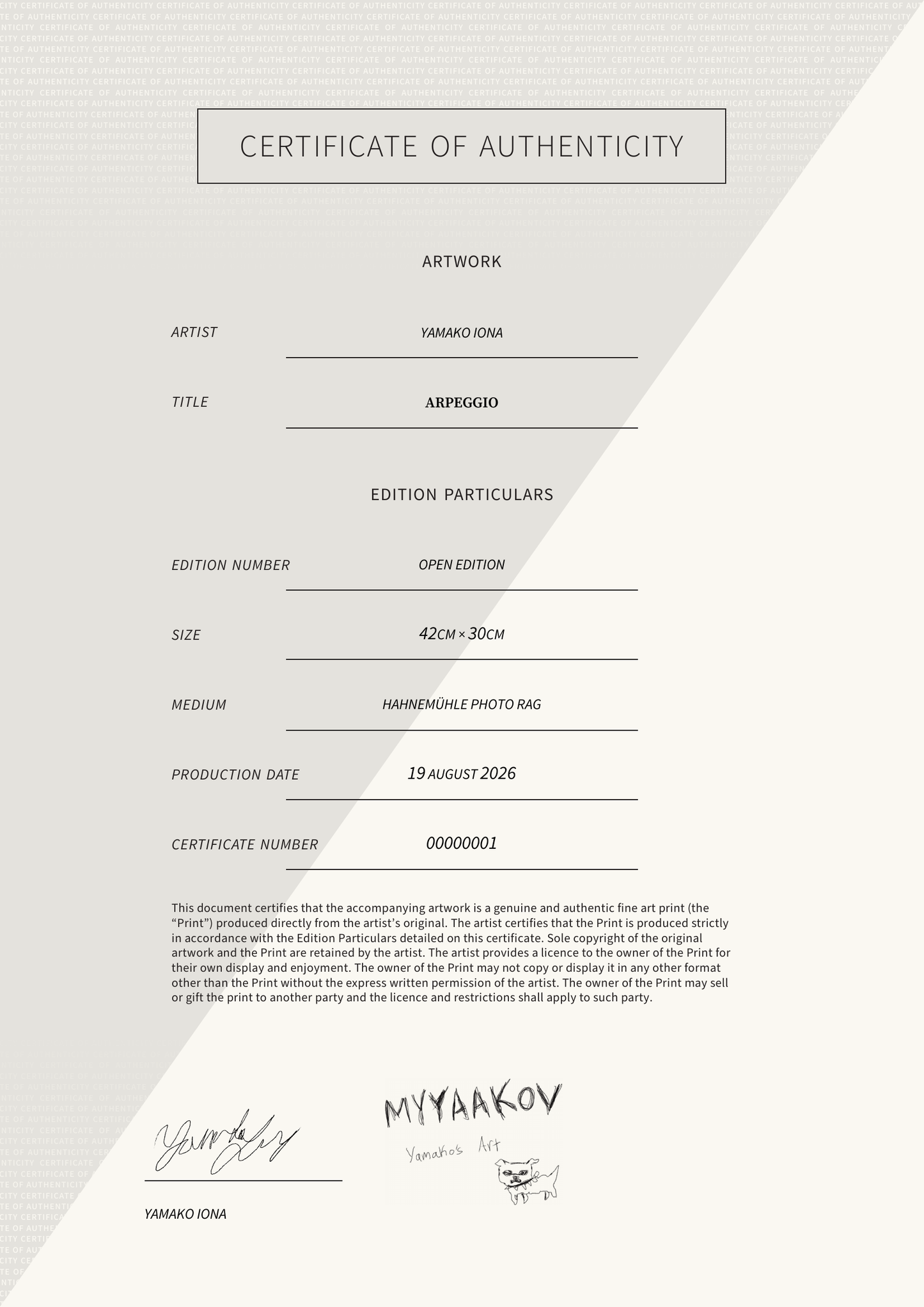 Arpeggio — Certificate of Authenticity