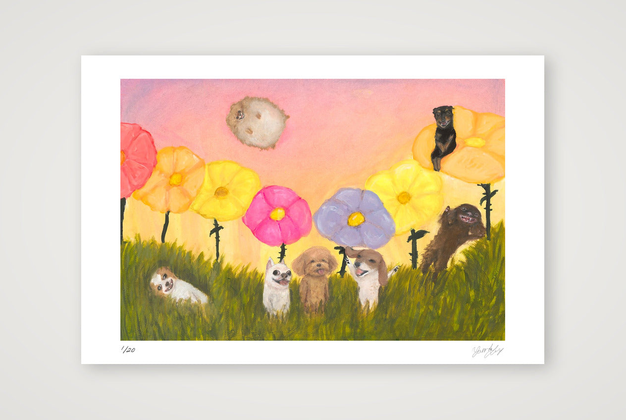 Every dog smiles as you drift by the flowers  — 45×30cm, 18×12" Print only