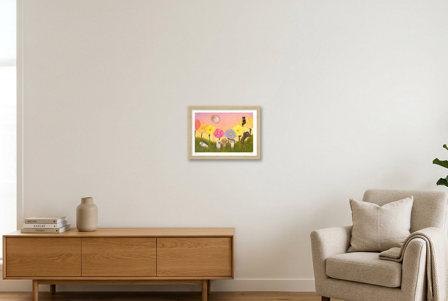 Every dog smiles as you drift by the flowers  — A4 (30×21cm, 12×8") Oak Frame