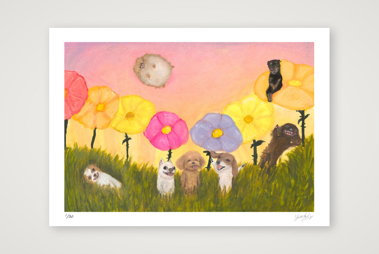 Every dog smiles as you drift by the flowers  — A4 (30×21cm, 12×8") Print only