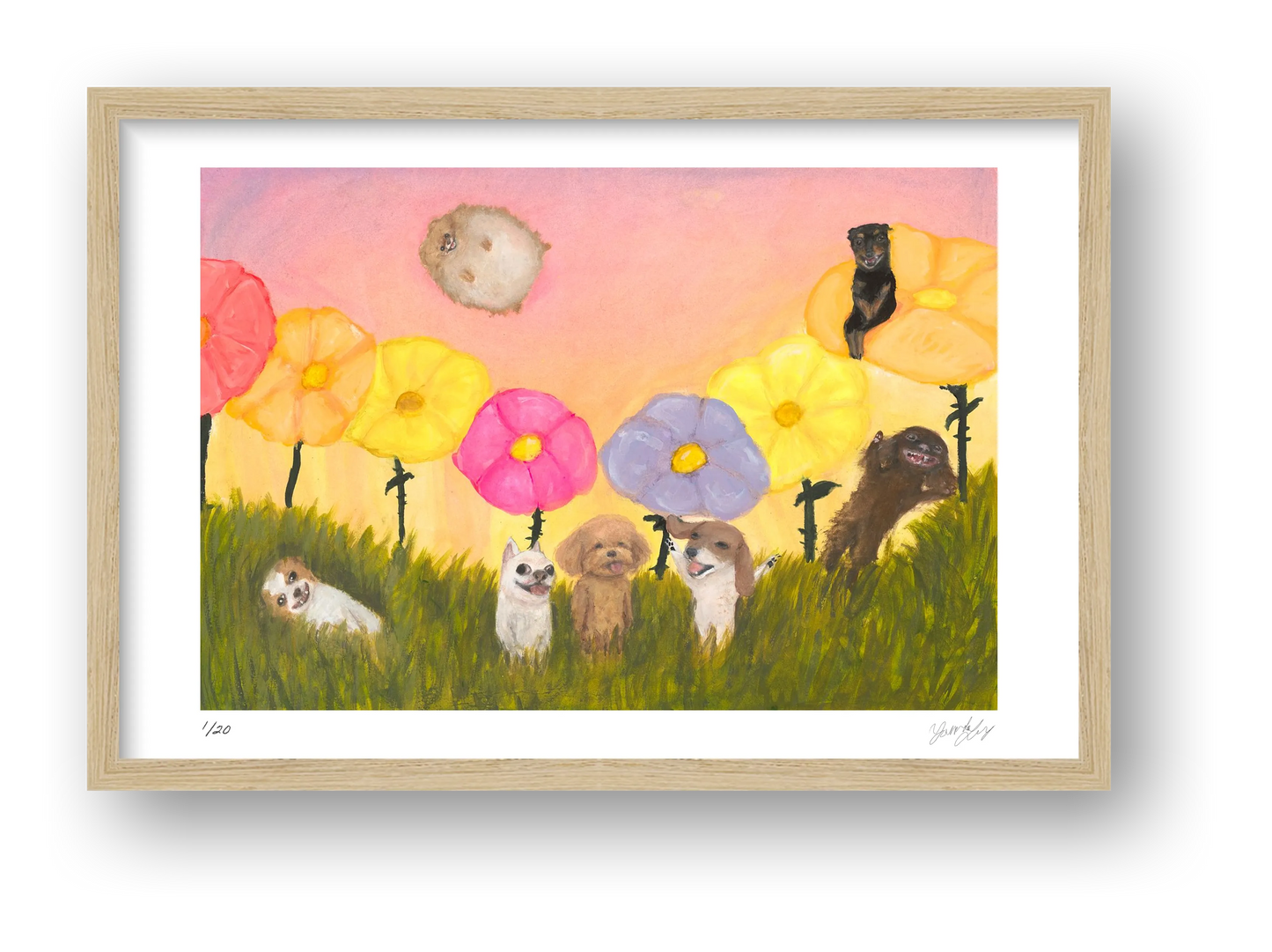 Every dog smiles as you drift by the flowers  — framed